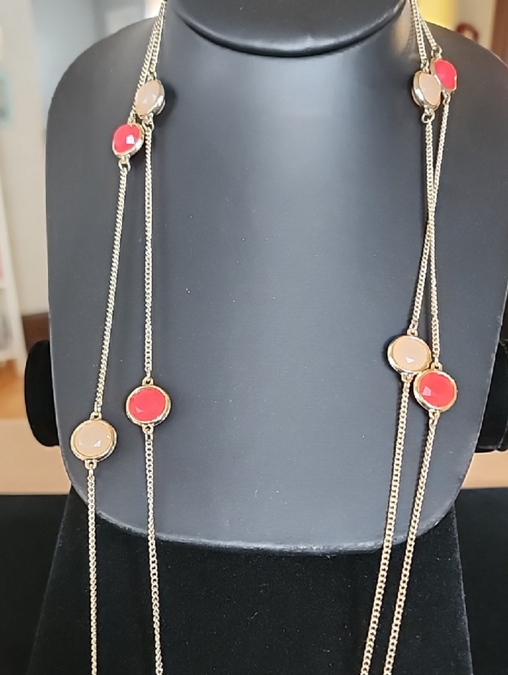 Gold Tone Long Station Necklace with Red and Beige Accents